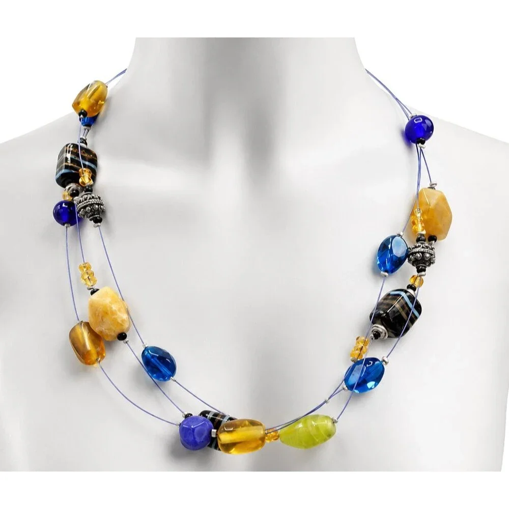 Chico's Bohemian Triple Strand Wire Glass Blue Citrine Bead Short 20